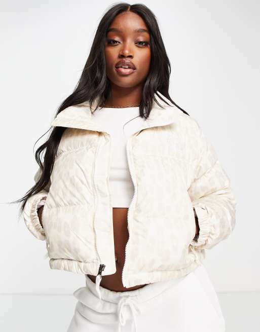 The North Face Nuptse cropped leopard print jacket in white