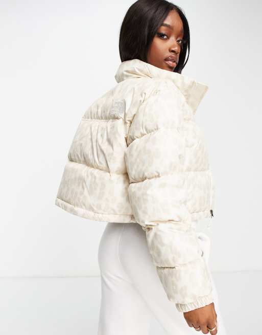 The North Face Nuptse cropped leopard print jacket in white