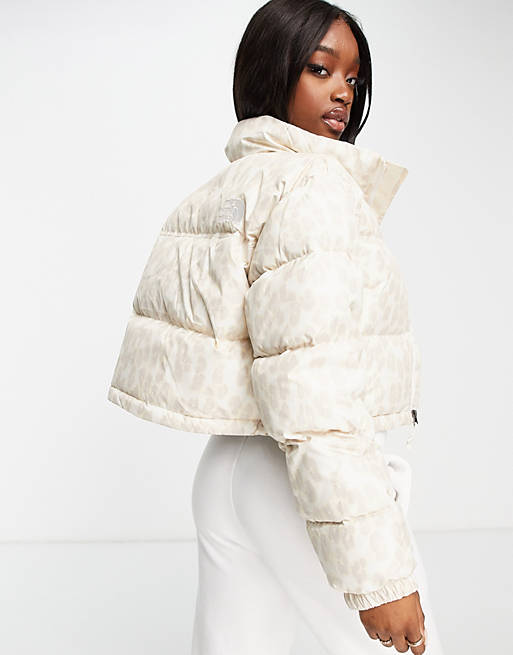 Women The North Face Nuptse cropped leopard printed jacket in white 