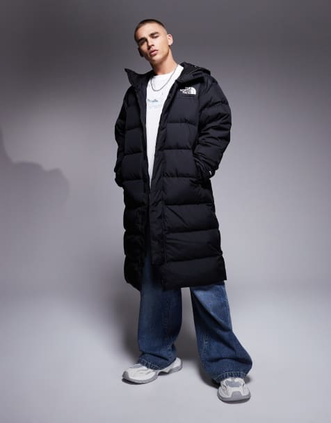 The North Face Nuptse down puffer hooded long parka jacket in black - view 1