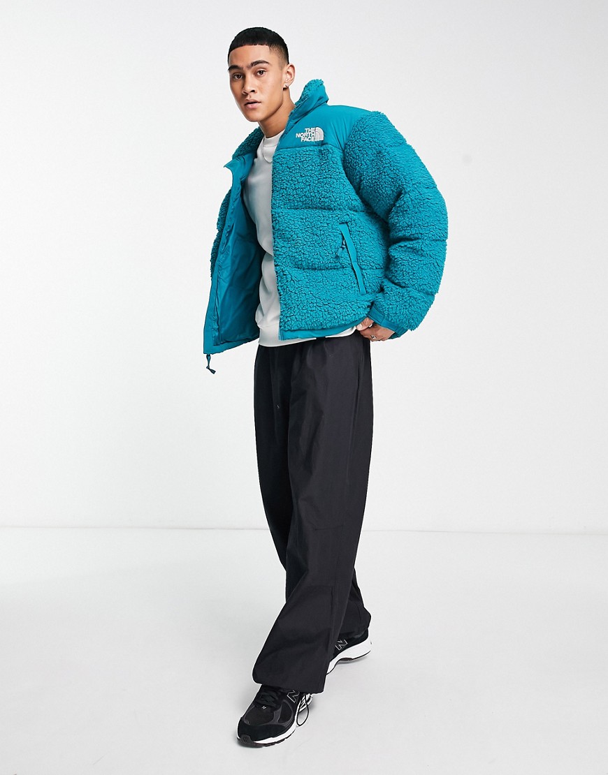 The North Face Nuptse high pile down puffer jacket in teal-Blue