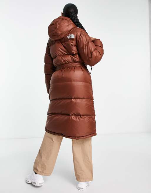 The North Face - Nuptse - Parka taglio lungo marrone con imbottitura in piuma e cintura, 4 di 4