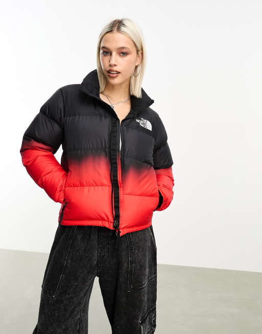 North face puffer outlet coat red and black