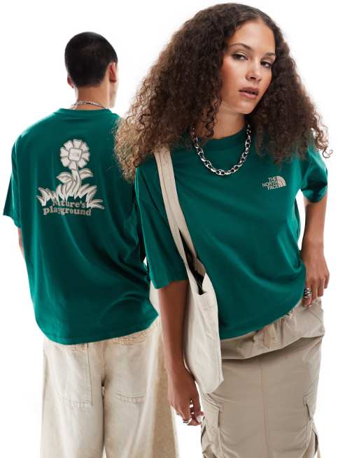 The North Face – Oversize-T-Shirt in Dunkelgrün mit Blumen-Rückenprint, exklusiv bei ASOS