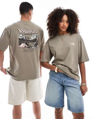 The North Face - Oversize-T-Shirt in Pilzgrau mit „Yosemite"-Postkarten-Print auf dem Rücken-Braun