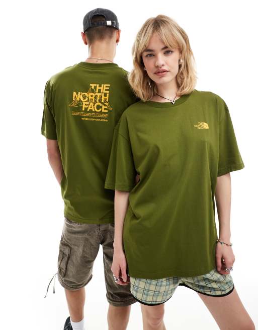 The North Face - Oversized T-shirt met geschetste bergprint op de achterkant in kaki