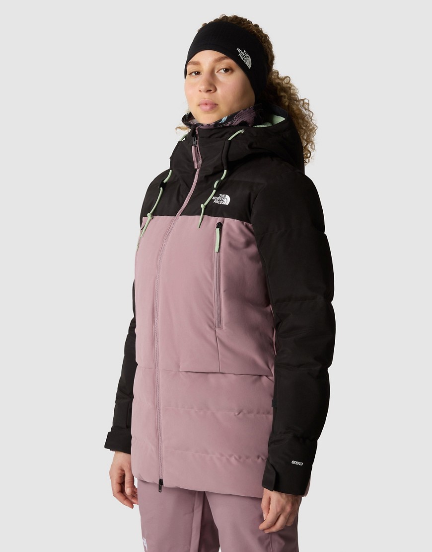 The North Face Pallie down ski jacket in fawn grey and black