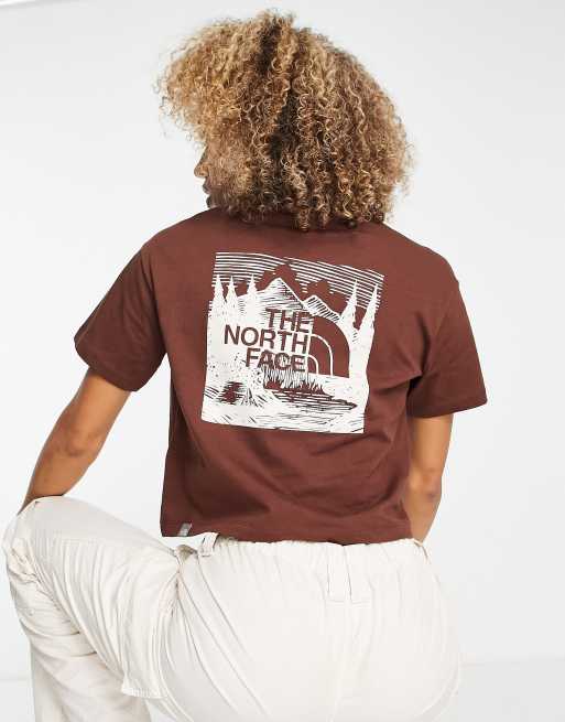 The North Face Redbox Celebration back print cropped t-shirt in brown Exclusive at ASOS