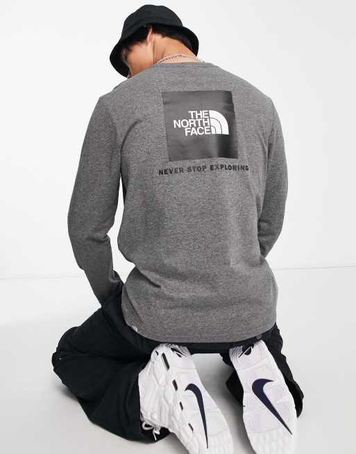 The North Face – Redbox – T-shirt z długimi rękawami i nadrukiem na plecach w kolorze szarego melanżu