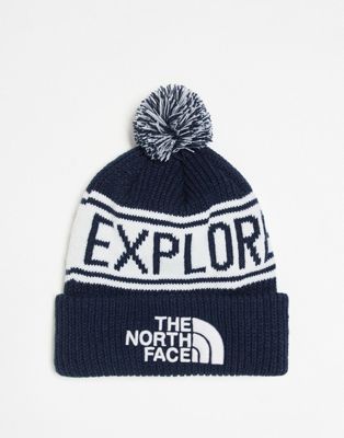 The North Face Retro bobble hat in blue and grey