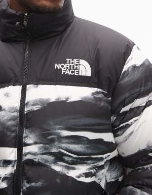 The North Face Retro Nuptse down puffer jacket in black and white print