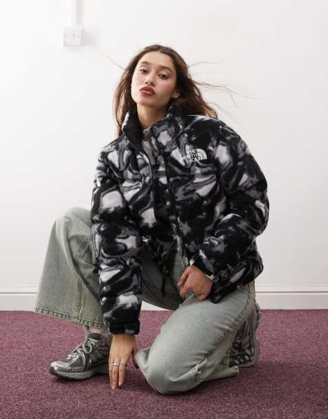 The North Face Retro Nuptse polar fleece puffer jacket in liquid grey print - view 1