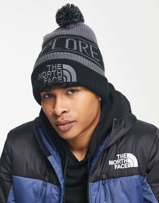 The North Face Retro pom pom beanie in black and grey