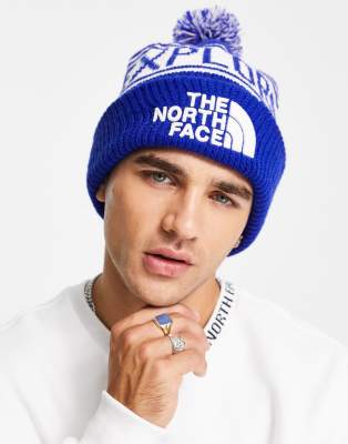 The North Face Retro pom pom beanie in blue and white - ASOS Price Checker