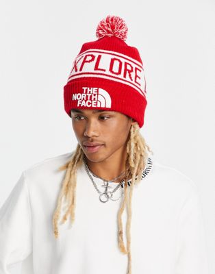 The North Face Retro pom pom beanie in red and white
