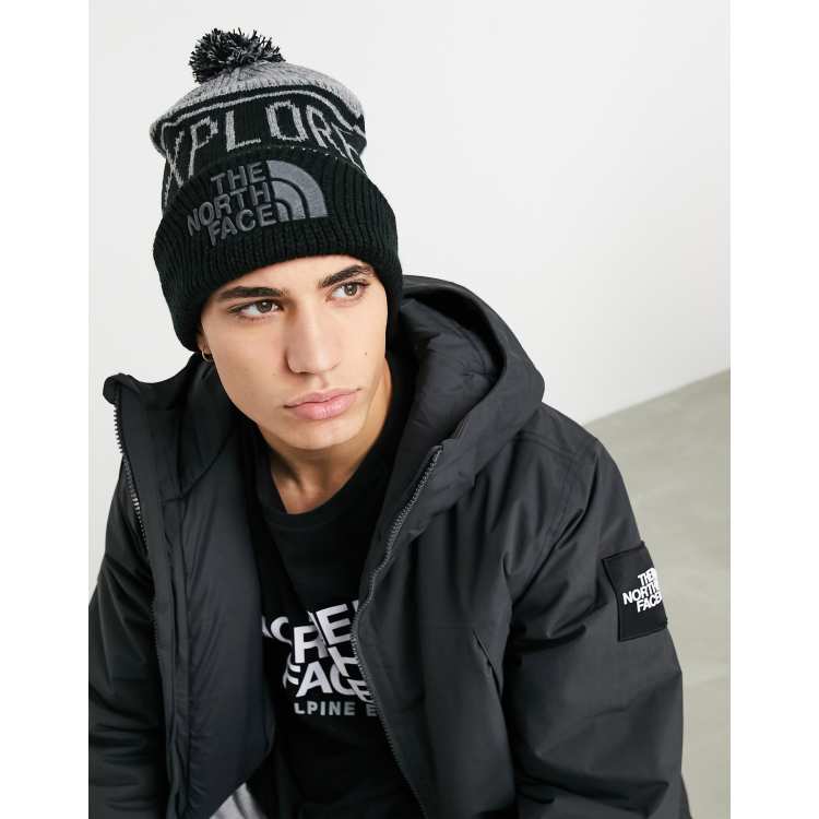 The North Face Retro TNF pom beanie in black/gray