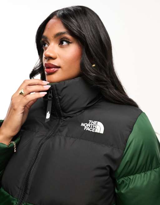 The North Face Saikuru long puffer coat in pine green and black ASOS