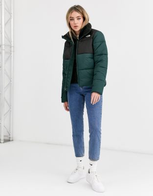 green and black north face puffer