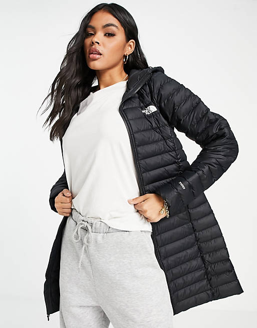 Women The North Face Stretch Down hooded parka jacket in black 