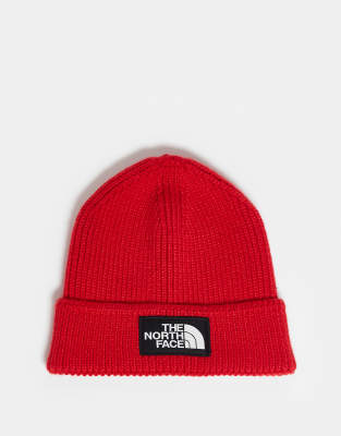 The North Face - Strickmütze in Rot mit Box-Logo und Umschlag