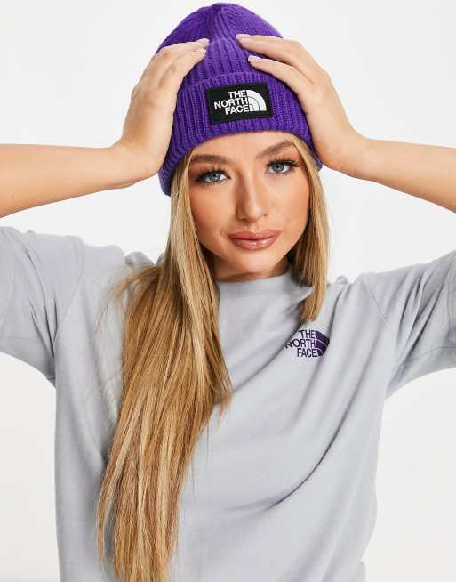 The North Face Strickmutze Mit Logo Und Umschlag In Lila Asos
