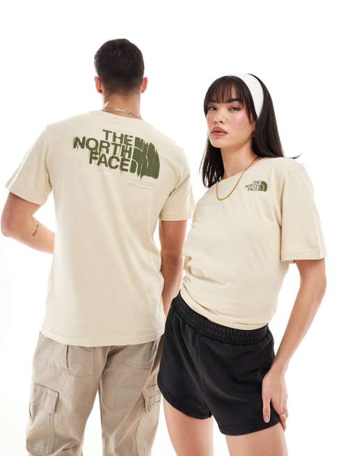 The North Face – T-Shirt in Beige mit Grafikprint auf dem Rücken