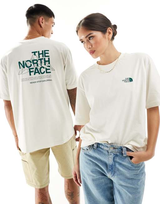 The North Face - T-shirt oversize bianco sporco con stampa di montagne sul retro