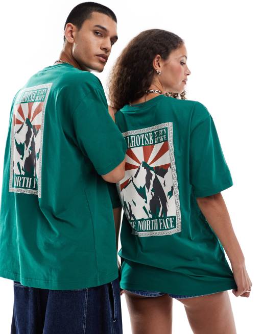 The North Face - T-shirt oversize verde con stampa di montagna sul retro