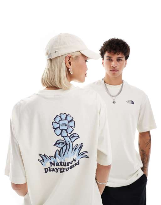 The North Face – T-shirt oversize w kolorze złamanej bieli z grafiką z kwiatem na plecach – tylko w ASOS