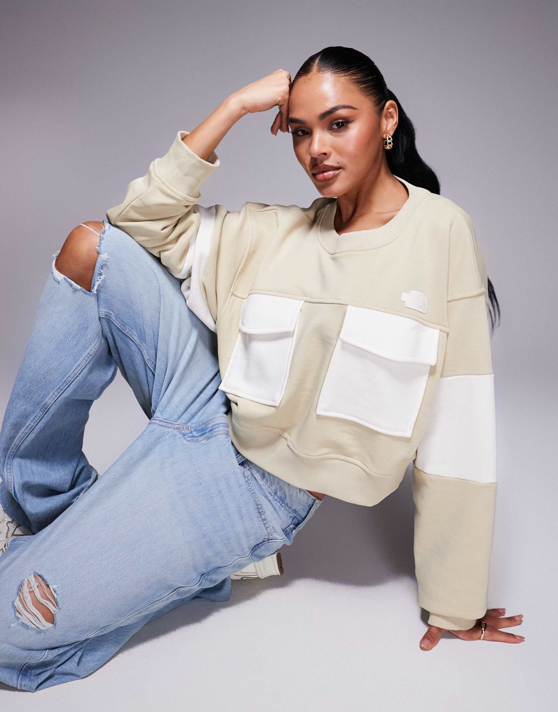 the north face terry oversized cropped crew in cream