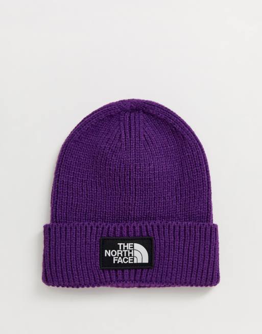 The North Face TNF box logo cuff beanie in purple