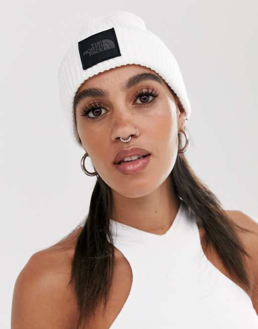 The North Face Tnf Box Logo Cuff Beanie In White Asos