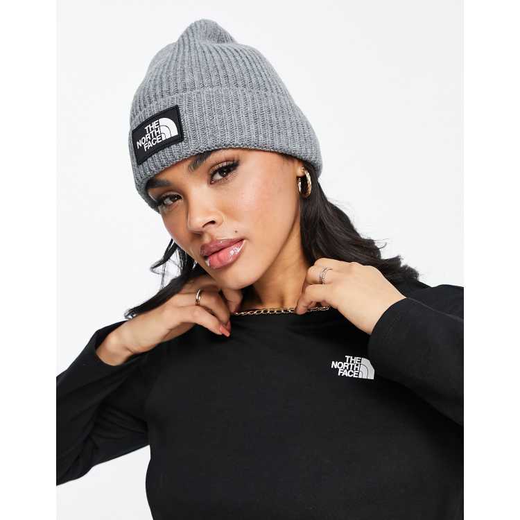 I detaljer kasket Rustik The North Face TNF Logo Box cuffed beanie in grey | ASOS