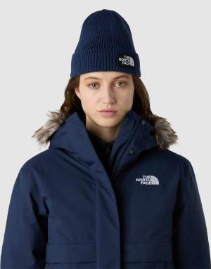 The North Face Tnf logo box cuffed beanie in summit navy