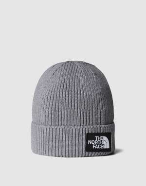 The North Face Tnf logo box cuffed beanie in tnf medium grey heather