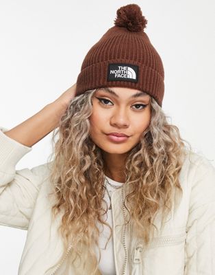 The North Face TNF Logo Box pom beanie in brown