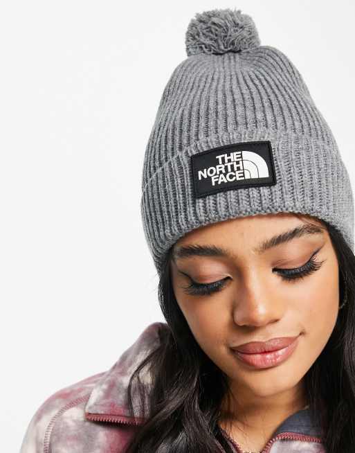 The North Face TNF Logo Box pom beanie in grey ASOS