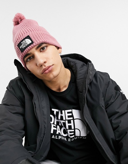 The North Face TNF Logo box pom beanie in pink