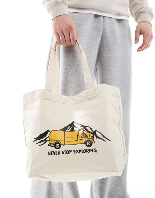 The North Face – Torba typu tote w kolorze ecru z nadrukiem z kamperem i logo