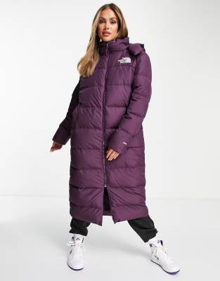 purple north face puffer coat