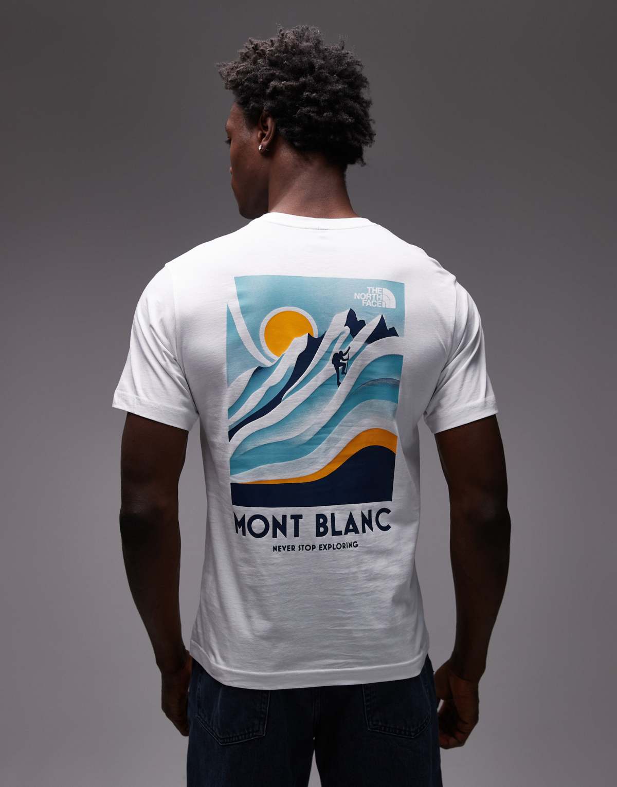 The North Face Vintage Mountain backprint oversized t-shirt in white with blue detail