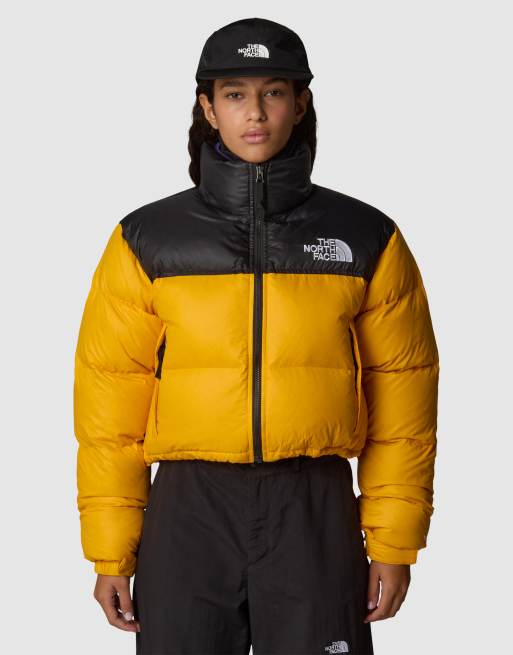 The North Face W nuptse short puffer jacket in yellow and black ASOS