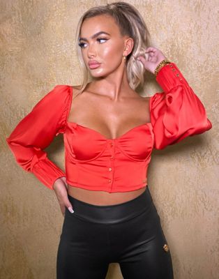 ODolls Collection satin volume sleeve sweetheart neck crop top in red - ASOS Price Checker