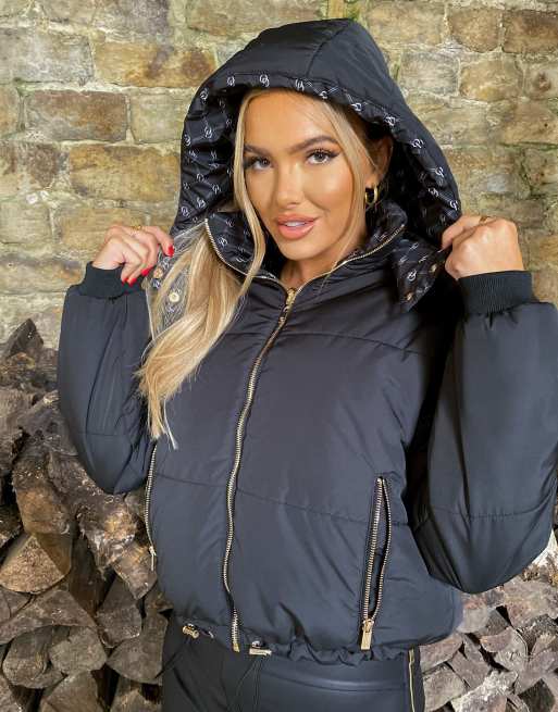 The ODolls Collection - Cappotto imbottito nero double-face con cappuccio e finiture in pelliccia sintetica