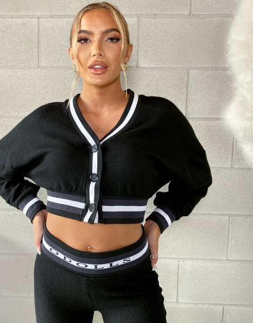 The ODolls Collection – Kurz geschnittene Strickjacke mit Kontraststreifen in Schwarz