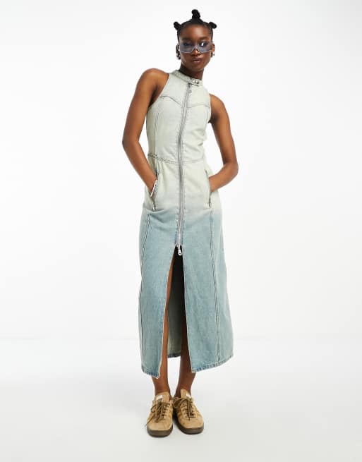 The Ragged Priest 90s sleeveless denim dress in green overdye ASOS