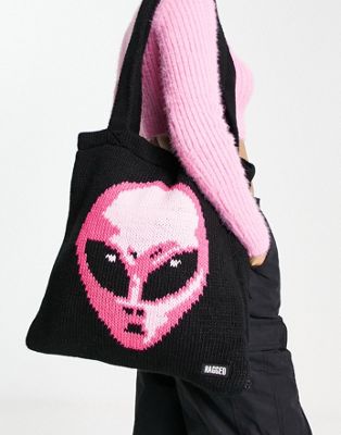 The Ragged Priest alien knit tote in black and pink