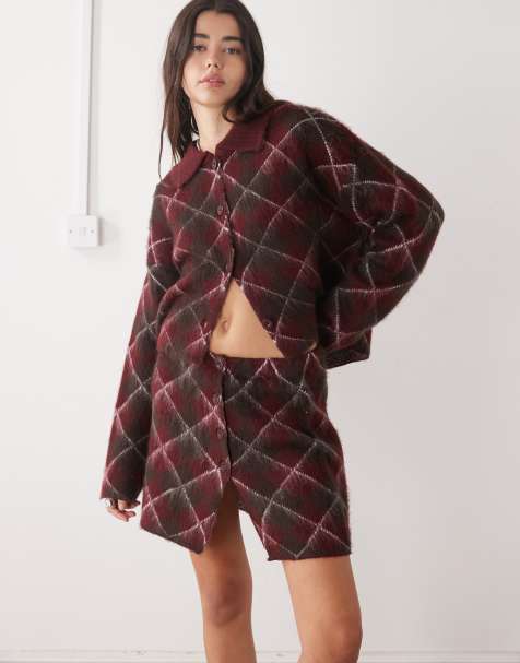 The Ragged Priest argyle button up mini skirt in maroon - view 1