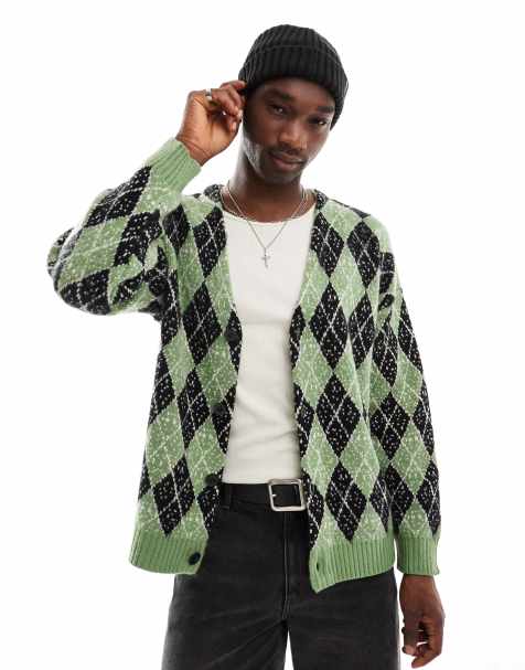 The Ragged Priest argyle jacquard knit cardigan in green and black - view 1