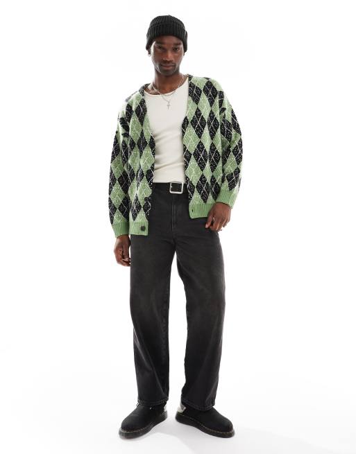 The Ragged Priest argyle jacquard knit cardigan in green and black, 2 of 4